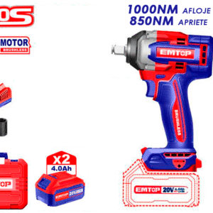 Pistola de Impacto EMTOP 1/2" Inalámbrica 20V (1000/850Nm) | Kit Completo P20S con 2 Baterías 4Ah y Vasos
