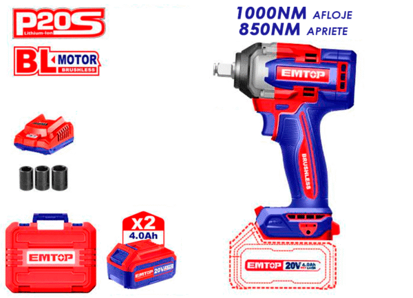 Pistola de Impacto EMTOP 1/2" Inalámbrica 20V (1000/850Nm) | Kit Completo P20S con 2 Baterías 4Ah y Vasos