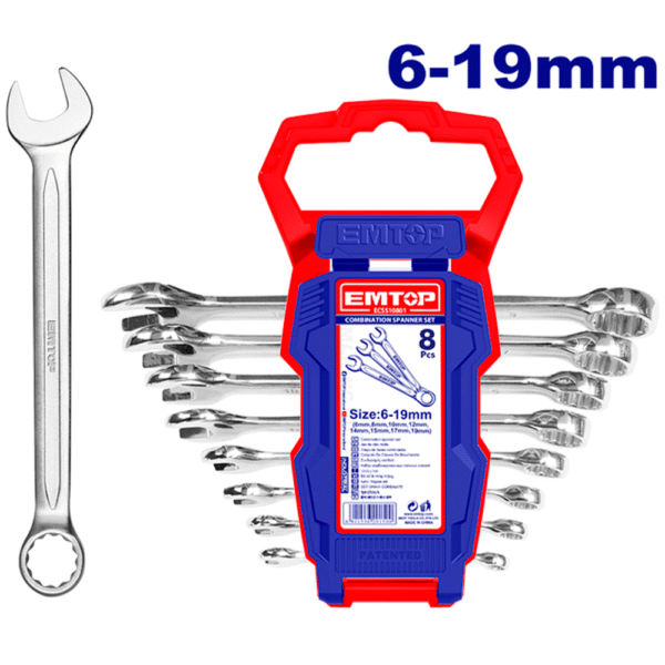 Juego de 8 Llaves Fijas de Taller EMTOP (6-19mm) | Acero Cr-V Profesional