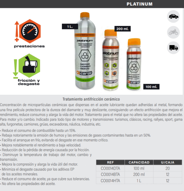 Aditivo Antifricción Cerámico PLATINUM CEROIL | Máxima Protección Motor y Cambio | Gasolina y Diésel - Imagen 2