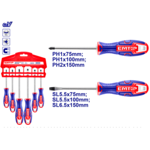 Set de 6 Destornilladores EMTOP Cr-V | Planos y Phillips para Profesional y Bricolaje