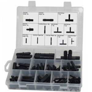 Caja organizadora con 113 conectores para tubos de vacío y manguitos en forma de T recta y reductores de Nylon