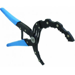 Alicate autoajustable para filtros de aceite con dientes de agarre y mangos azules marca SATRA