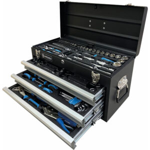 Caja de herramientas completa 108 piezas con 4 niveles y cajones metálicos abierta mostrando vasos y llaves marca STILKER