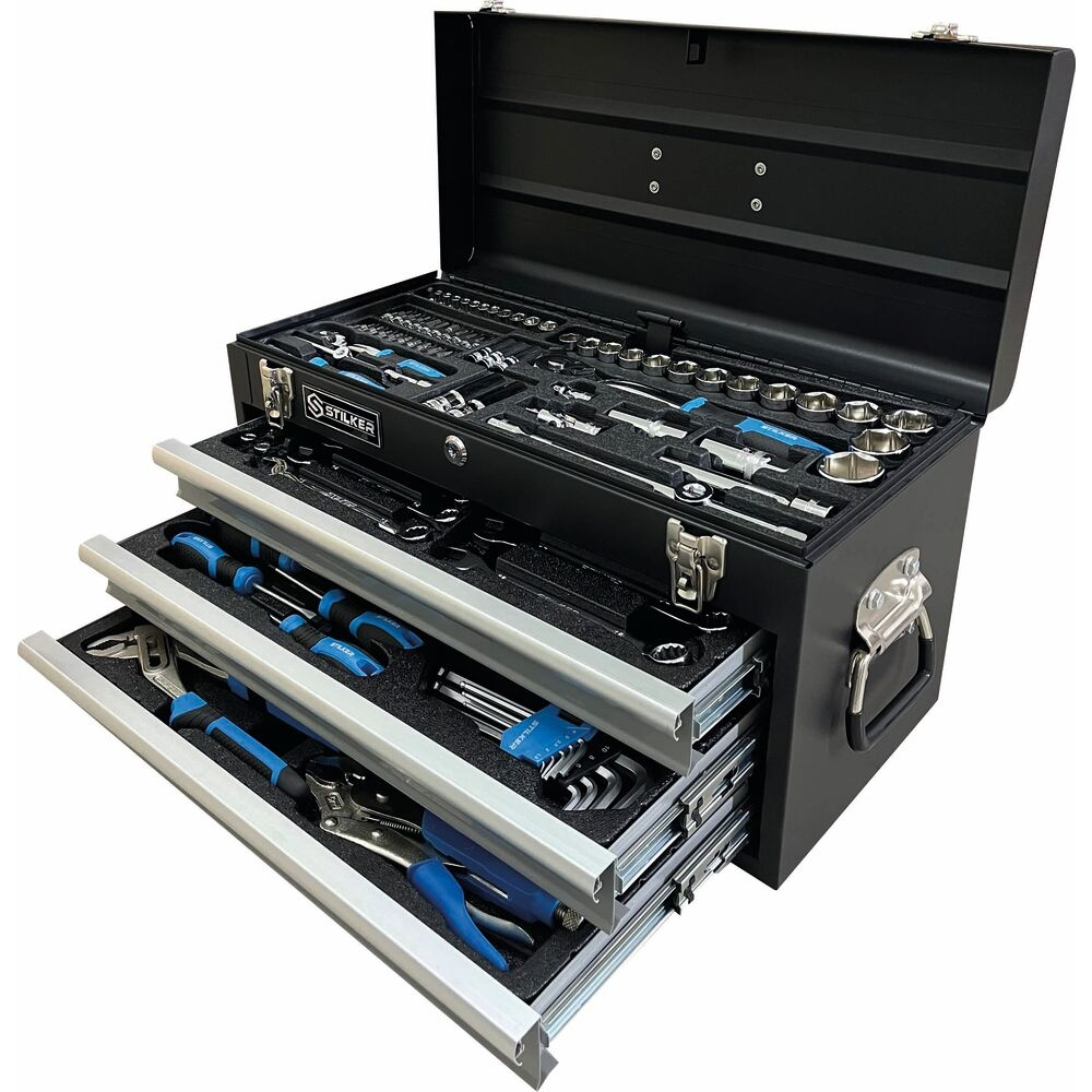 Caja de herramientas completa 108 piezas con 4 niveles y cajones metálicos abierta mostrando vasos y llaves marca STILKER