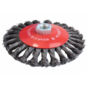 Cepillo cónico trenzado para amoladora de 125mm con rosca M14 para limpieza agresiva de soldaduras en ángulo marca SATRA