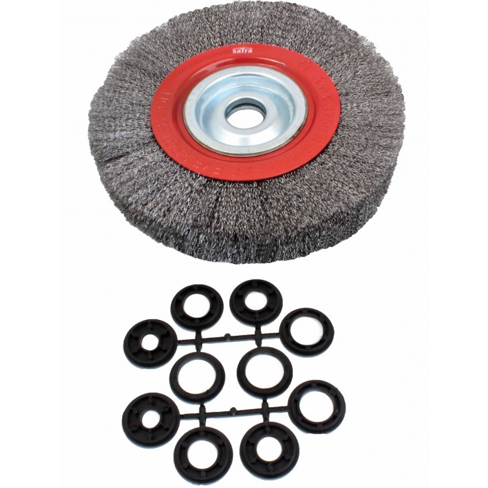 Cepillo de alambre circular para esmeriladora de banco de 250mm con adaptadores de eje universales marca SATRA