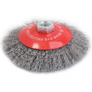 Cepillo de alambre cónico ondulado 100mm con rosca M14 para limpieza suave y acabado fino en metal y madera marca SATRA