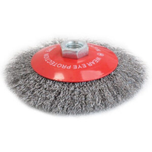 Cepillo de alambre cónico para amoladora con rosca M14 y alambre ondulado de 125mm marca SATRA