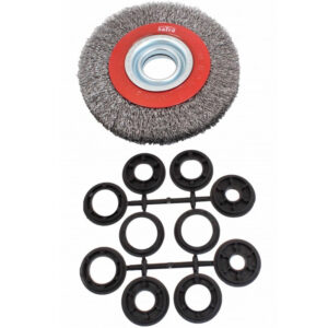 Cepillo de alambre para esmeriladora de banco de 150mm con juego de adaptadores de eje universales marca SATRA