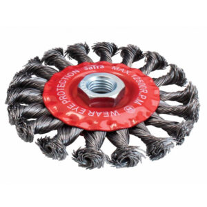 Cepillo de alambre trenzado 100mm para radial con rosca M14 y diseño compacto para limpieza de soldadura marca SATRA