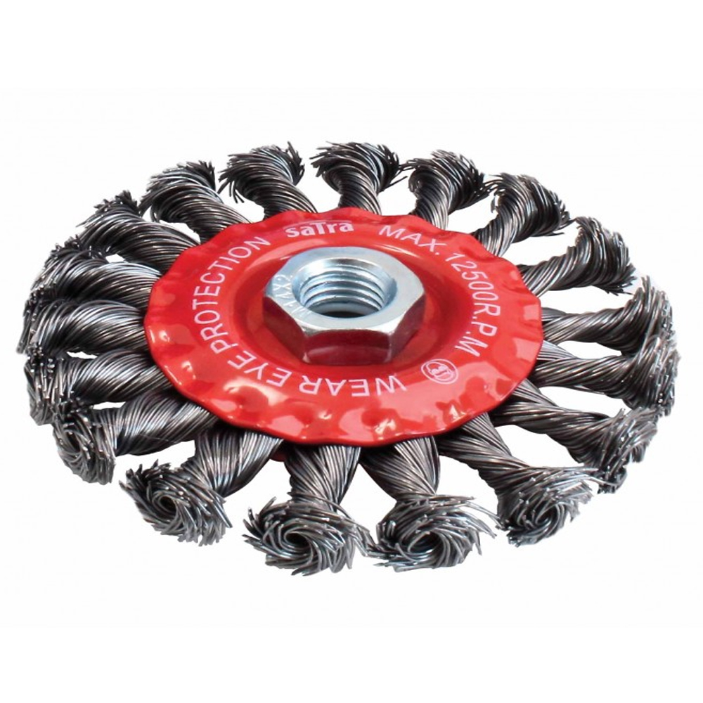 Cepillo de alambre trenzado 100mm para radial con rosca M14 y diseño compacto para limpieza de soldadura marca SATRA