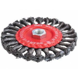 Cepillo de alambre trenzado para radial de 125mm con rosca M14 para limpieza agresiva de soldadura marca SATRA