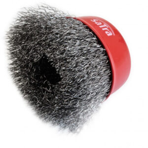 Cepillo de copa de alambre ondulado 65mm compacto con rosca M14 para limpieza de precisión en metal marca SATRA