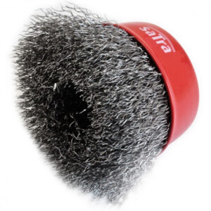 Cepillo de copa de alambre ondulado 75mm con rosca M14 para limpieza de metal y texturizado de madera marca SATRA