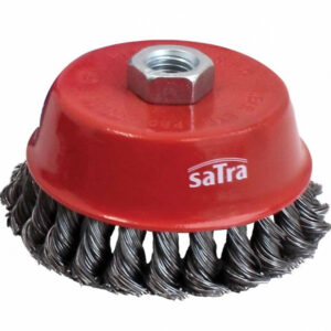 Cepillo de copa de alambre trenzado 100mm con rosca M14 para desbaste pesado y limpieza de hormigón marca SATRA
