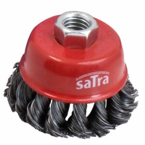 Cepillo de copa trenzado 75mm para amoladora con rosca M14 estándar para limpieza agresiva de metal marca SATRA