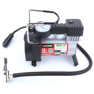 Compresor de aire portátil 12V metálico marca MADER con manómetro y manguera para inflar neumáticos de coche