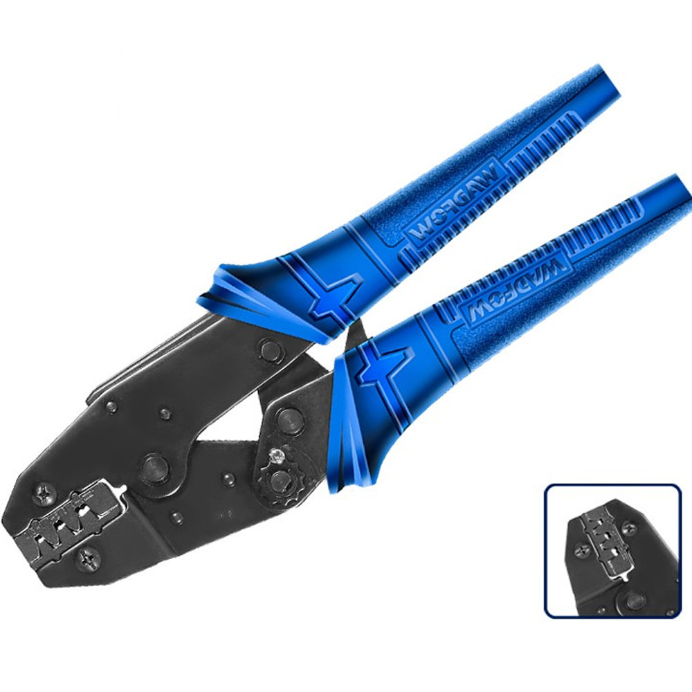 Crimpadora para terminales aislados con sistema de carraca y mordazas de colores para cables de 0.5 a 6mm marca WADFOW