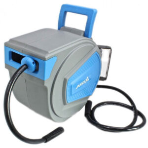 Enrollador de manguera de aire automático de 15 metros con soporte de pared giratorio y carcasa gris marca ASTA