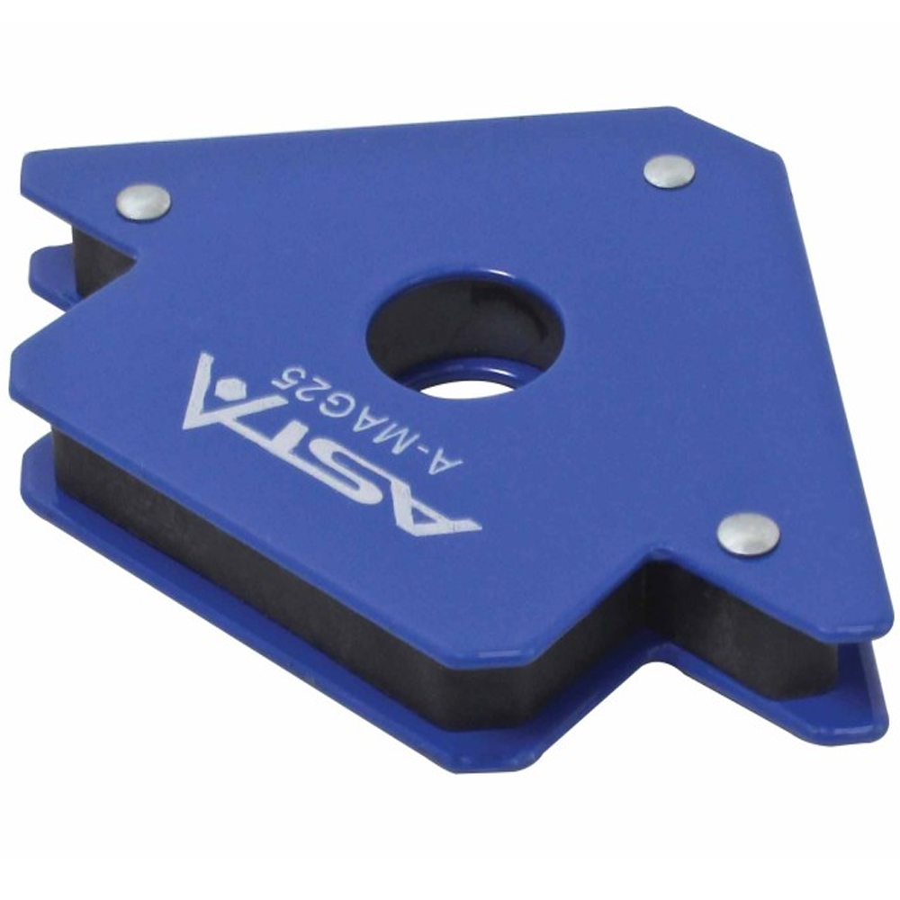 Escuadra magnética para soldar de 25kg color azul con forma de flecha y 3 ángulos de trabajo marca ASTA