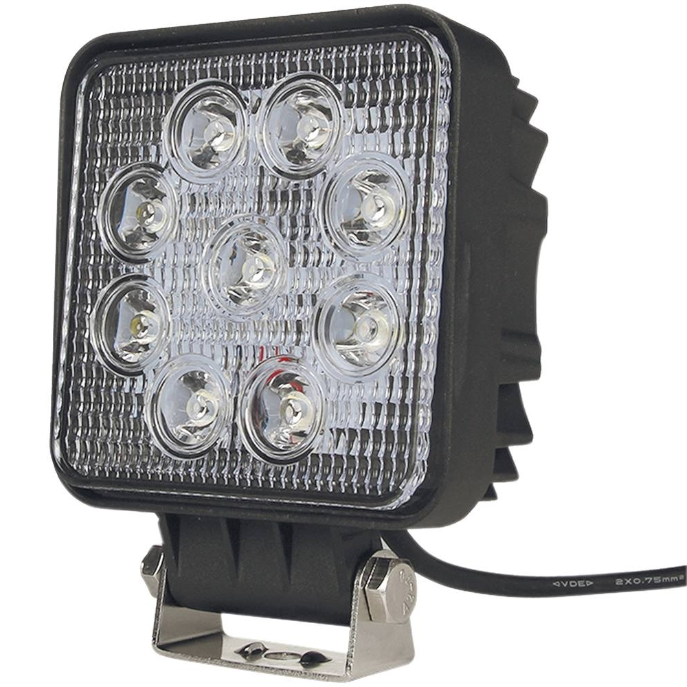 Faro de trabajo LED cuadrado 27W con certificación IP69K resistente a lavado a presión y soporte de acero inoxidable