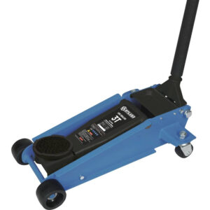 Gato hidráulico 3 toneladas de perfil bajo con doble pistón y pedal de aproximación rápida color azul marca STILKER