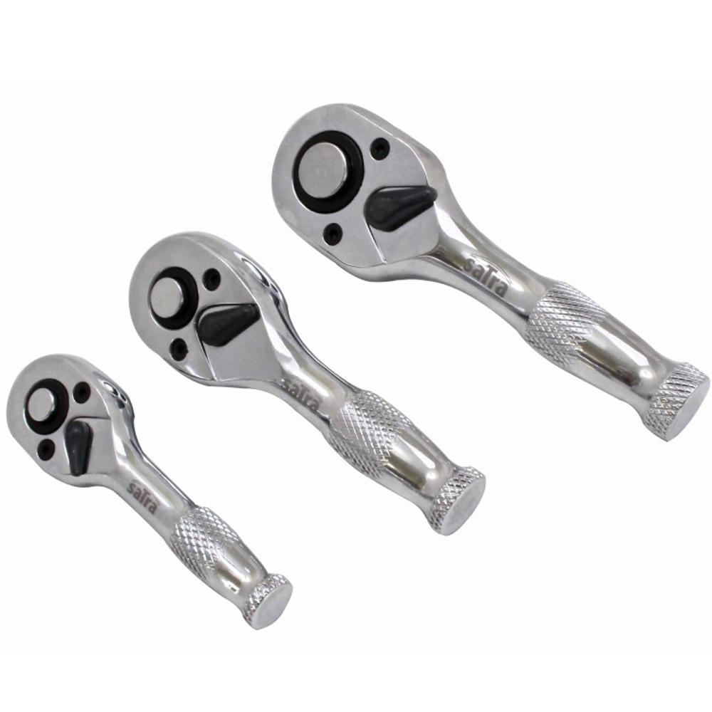 Bandeja de espuma con juego de 3 carracas extra cortas tipo Stubby de 72 dientes con mango metálico marca SATRA