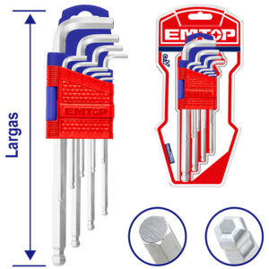 Juego de llaves Allen largas de 9 piezas con punta de bola para acceso angular fabricadas en Cromo Vanadio marca EMTOP