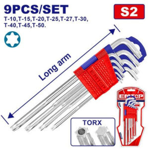 Juego de llaves Torx largas de 9 piezas con agujero de seguridad y soporte organizador marca EMTOP