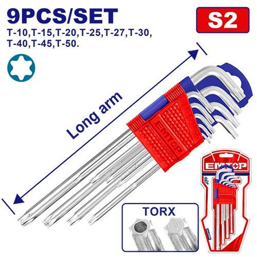 Juego de llaves Torx largas de 9 piezas con agujero de seguridad y soporte organizador marca EMTOP