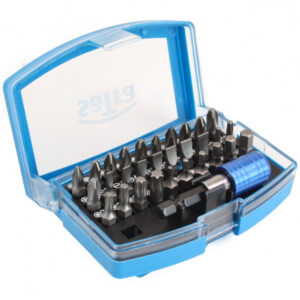 Estuche azul con juego de puntas de atornillar de 31 piezas con adaptador magnético de seguridad marca SATRA