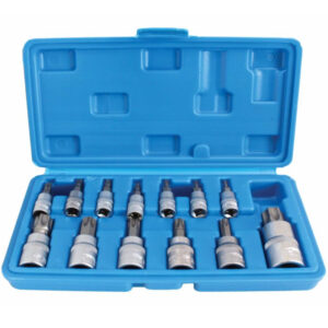 Maletín azul con juego de 13 vasos con puntas Torx macho de acero S2 medidas T8 a T70 marca SATRA