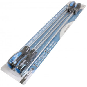 Blíster con juego de 4 destornilladores Torx extra largos de 450mm con punta magnética marca SATRA