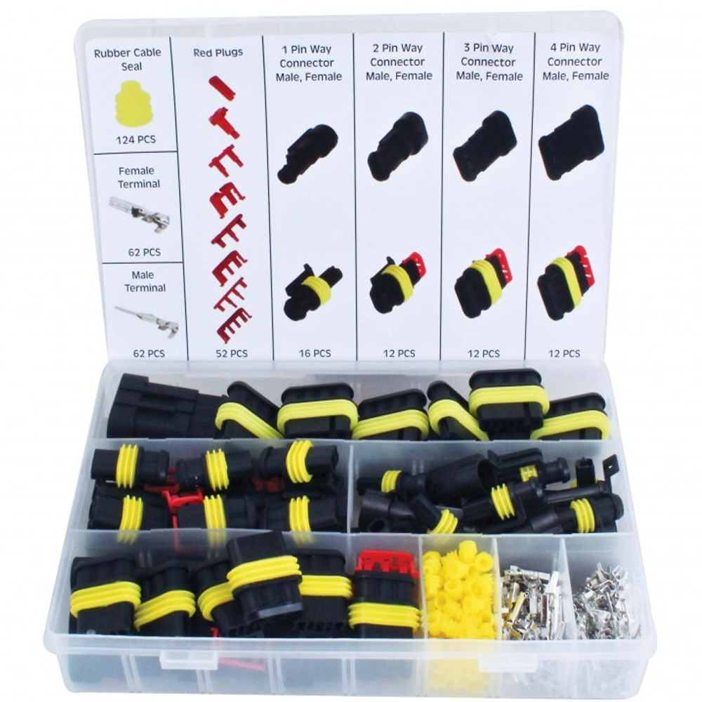 Caja con kit de 352 conectores eléctricos estancos IP67 tipo Superseal con sellos amarillos y clips rojos marca ASTA