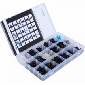 Caja organizadora con surtido de 420 grapas y clips de plástico para carrocería y tapicería de vehículos Mazda