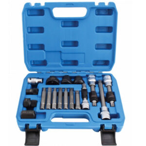 Kit extractor de poleas de alternador de 18 piezas en estuche azul con puntas Torx XZN y vasos de 33 dientes marca SATRA