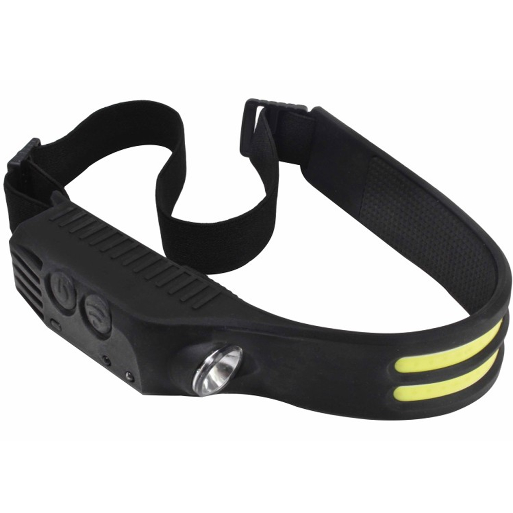 Linterna frontal LED recargable tipo diadema flexible con luz COB panorámica y sensor de movimiento marca SATRA