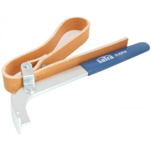 Llave de filtro de aceite de correa textil y goma antideslizante con mango azul marca SATRA para filtros de hasta 160mm
