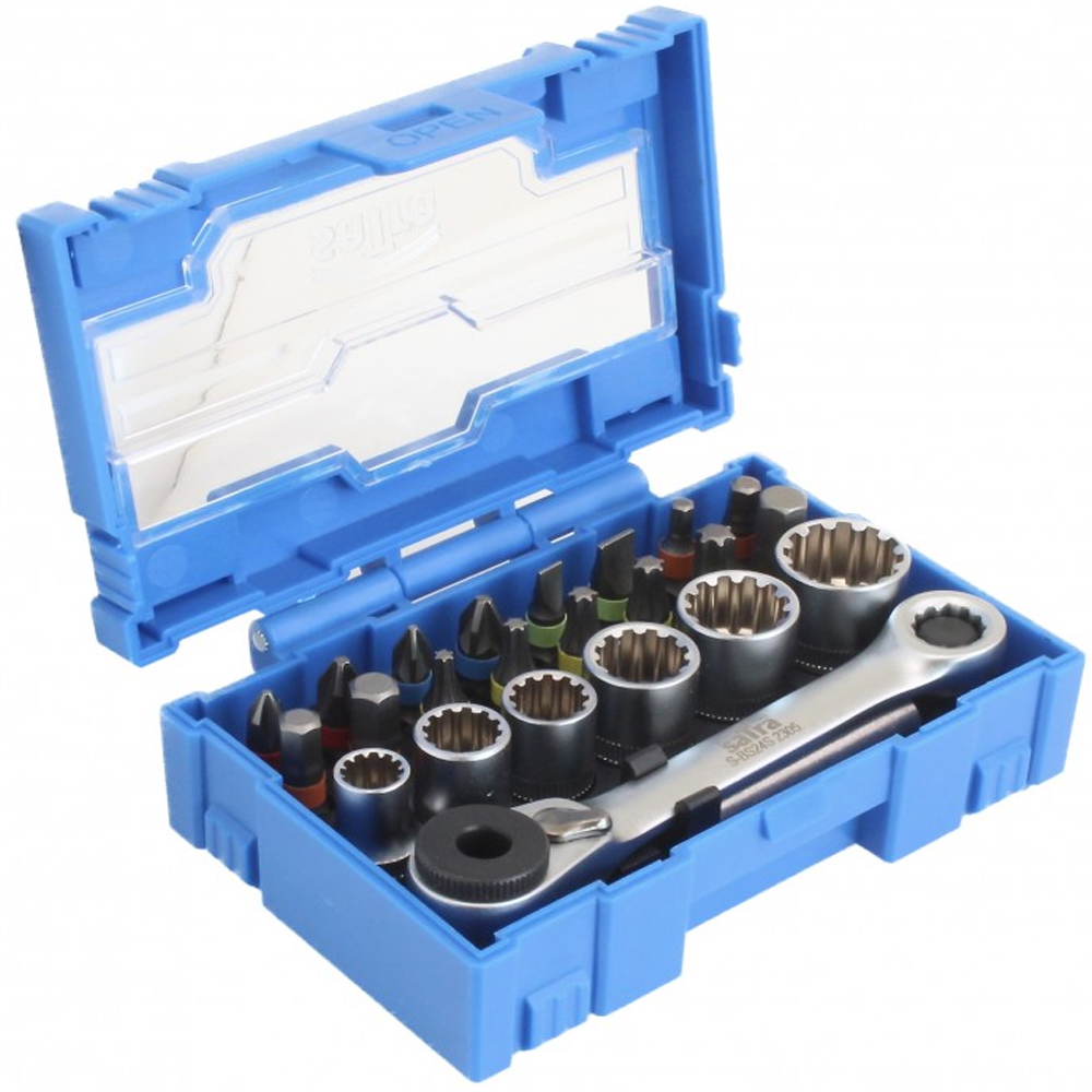 Estuche azul compacto con mini juego de carraca y puntas de 24 piezas con vasos universales VARIO-PLUS marca SATRA
