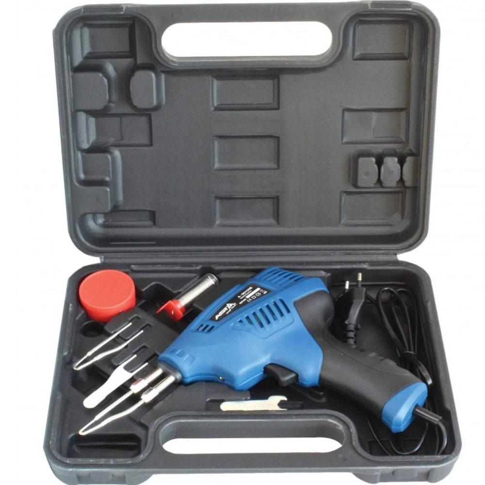 Maletín abierto con pistola de soldar estaño profesional 200W marca ASTA color azul, incluye puntas de recambio, rollo de estaño y pasta de soldar.