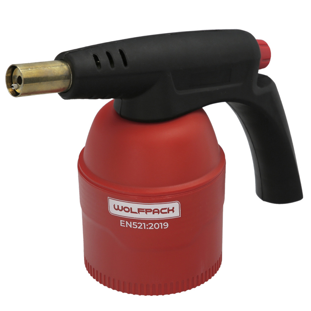 Soplete de cartucho perforable con cuerpo de plástico ABS rojo y encendido piezoeléctrico marca Wolfpack
