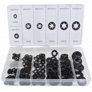 Caja organizadora con 260 arandelas Starlock de seguridad con dientes internos de acero negro medidas M3 a M12