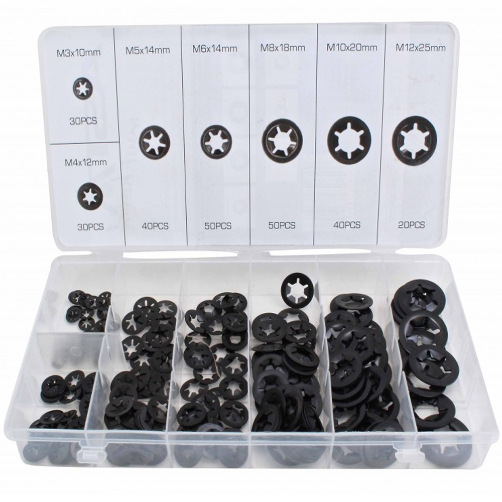 Caja organizadora con 260 arandelas Starlock de seguridad con dientes internos de acero negro medidas M3 a M12