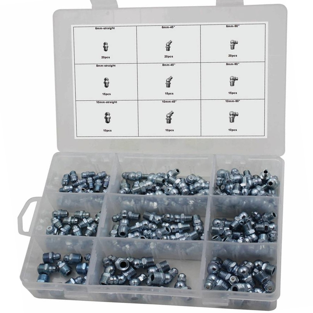 Caja organizadora con surtido de 135 engrasadores hidráulicos métricos rectos y angulados M6 M8 M10