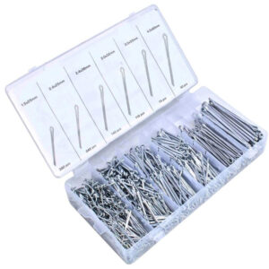 Caja organizadora con 1000 pasadores de aletas o chavetas partidas de acero zincado en 6 medidas marca ASTA