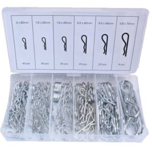 Estuche con 150 pasadores en R o clips beta de acero zincado reutilizables para maquinaria marca ASTA