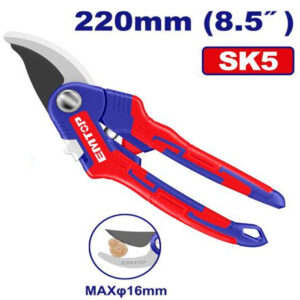 Tijera de podar profesional de 220mm con hoja de acero SK5 recubierta de teflón y mango ergonómico marca EMTOP