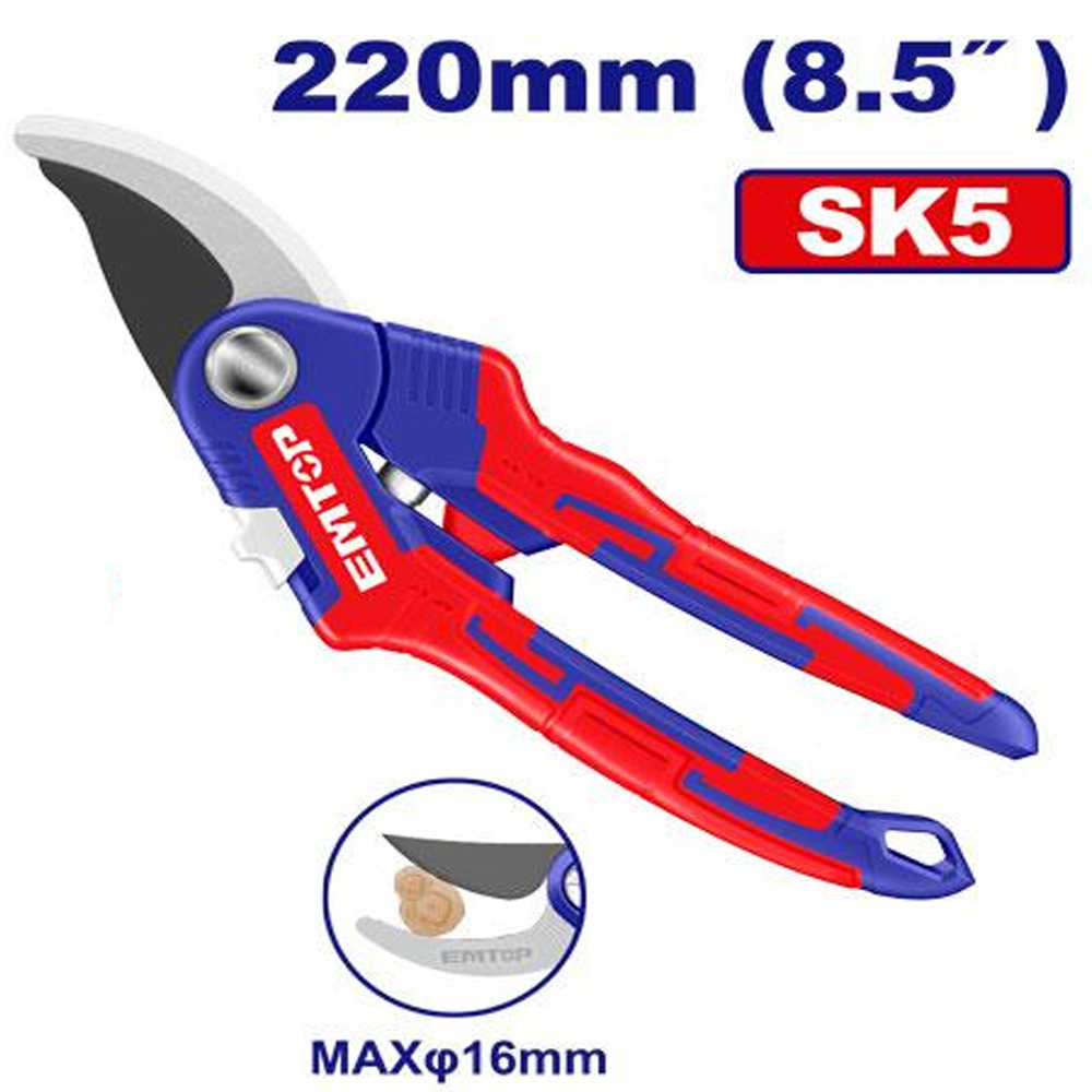 Tijera de podar profesional de 220mm con hoja de acero SK5 recubierta de teflón y mango ergonómico marca EMTOP