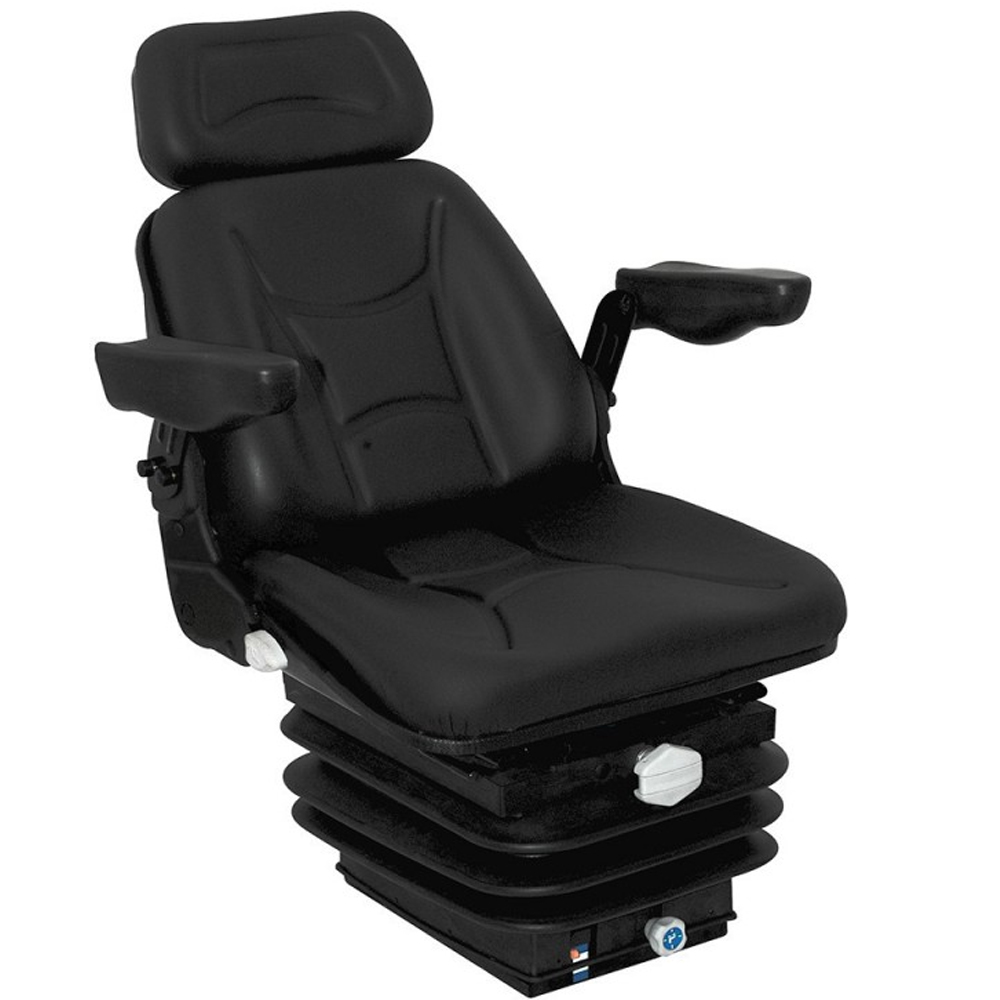 Asiento RM62 200 M tapizado en PVC negro con suspensión mecánica, reposabrazos y reposacabezas para maquinaria agrícola e industrial